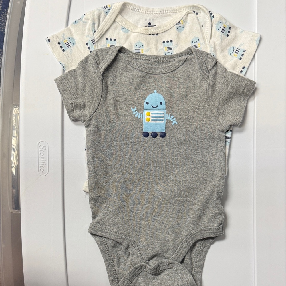 Gray and White Robot Print Baby One Piece